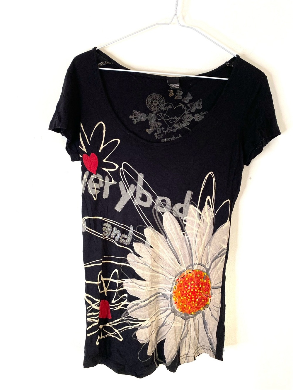 Desigual Black Oversized Daisy Floral Sequin Graphic Tee Y2K Boho